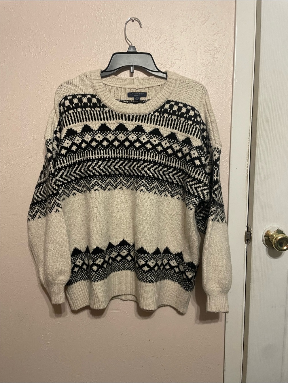 American Eagle Outfitters Cream & Black Fair Isle Crewneck Sweater